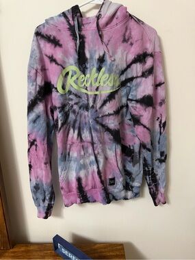 Young & Reckless Tie-Dye Hoodie in Pink, Blue & Black with Neon Logo